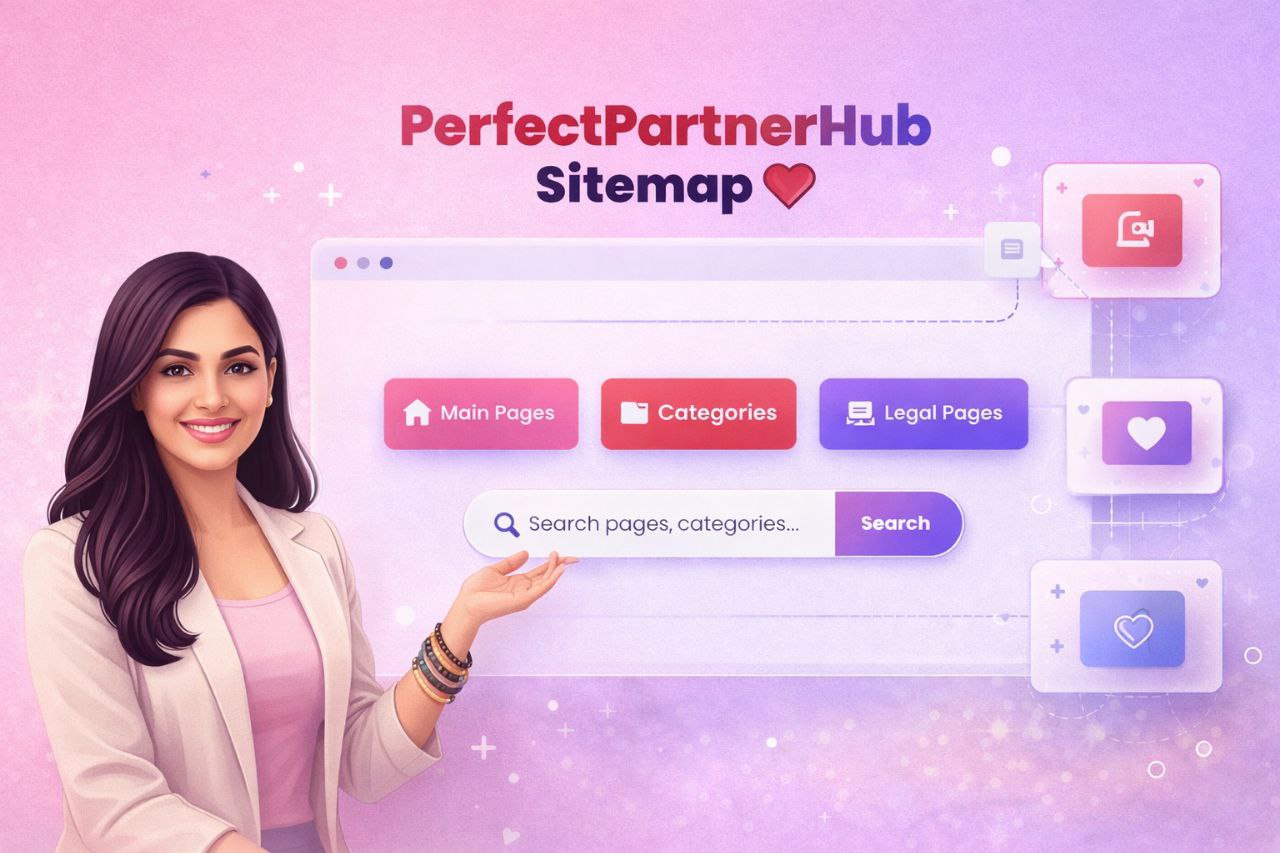 PerfectPartnerHub Sitemap overview showing main pages categories legal pages and search feature